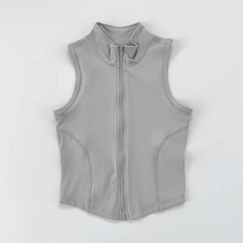 Women's Slim Fit Sport Sleeveless Top Quick Dry Elastic Stand Collar Yoga Fitness Clothing Summer Zipper