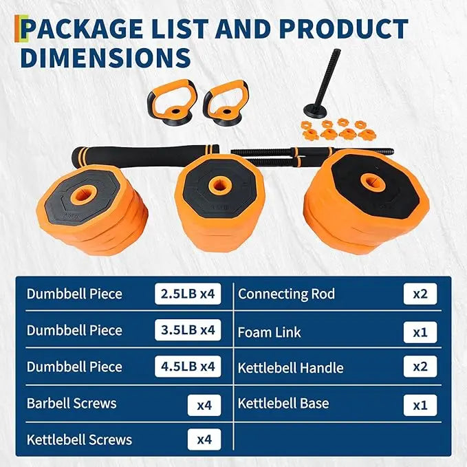 44LBS 4 in 1 Adjustable Dumbbell Set Convertible to Barbell, Kettlebell and Push Up Stand, Home Fitness Equipment for Men & Women, Space Saving Weights