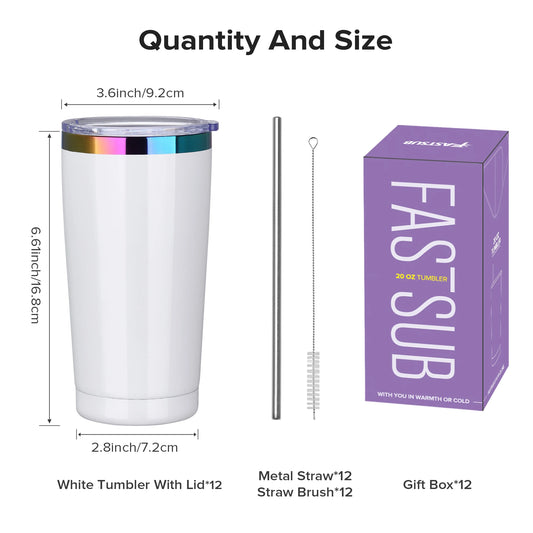 12 Pack 20 oz Stainless Steel Tumblers Bulk, Insulated Travel Cup with Lid, Fit Laser Engraving, Car Cupholder (Assorted Colors)