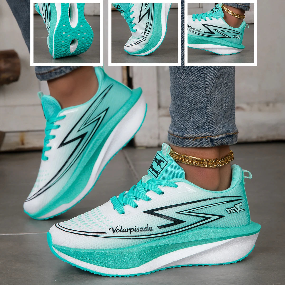 Women Gradient Lightning Print Running Sneakers Breathable Flying Weave Mesh Light Cushion Non Slip Shock Absorb Athletic Gym Jogging Sport Shoes