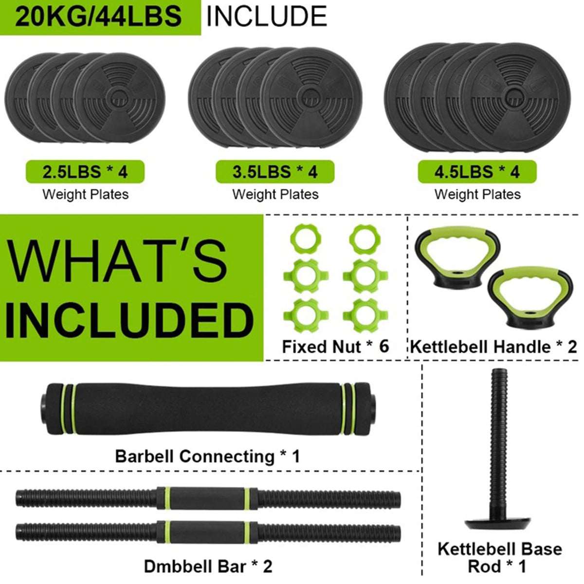4 in 1 Adjustable Dumbbell Set, 44lbs Free Weight Set, Weights Dumbbells Set Used as Dumbbell, Barbell, Kettlebell and Push-up, for Home Gym Fitness Exercises