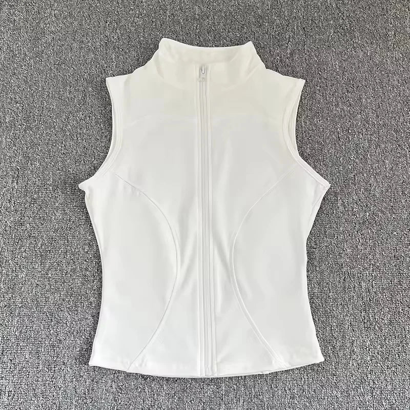 Women's Slim Fit Sport Sleeveless Top Quick Dry Elastic Stand Collar Yoga Fitness Clothing Summer Zipper