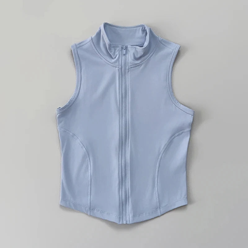 Women's Slim Fit Sport Sleeveless Top Quick Dry Elastic Stand Collar Yoga Fitness Clothing Summer Zipper