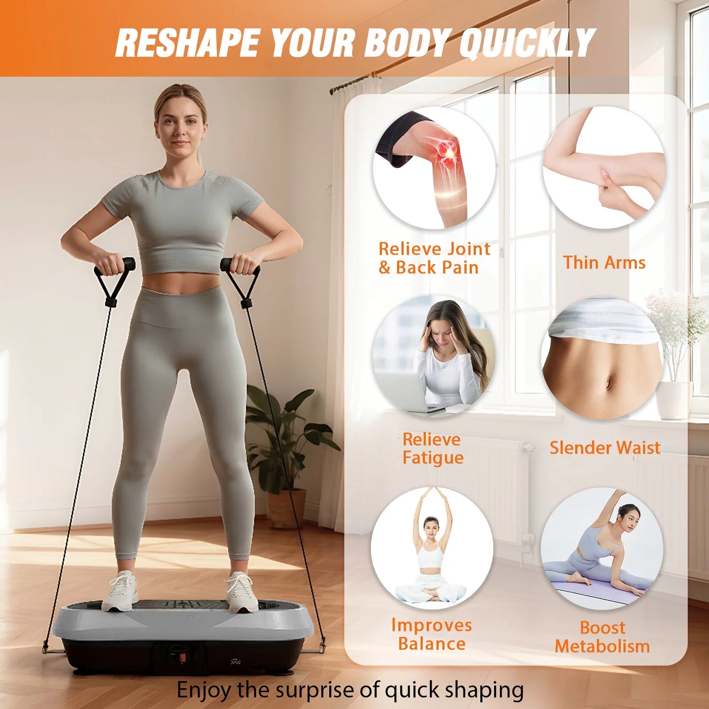 Portable Vibration Plate Exercise Machine Full-Body Workout with Bluetooth Resistance Bands Yoga Straps for Weight Loss &Shaping