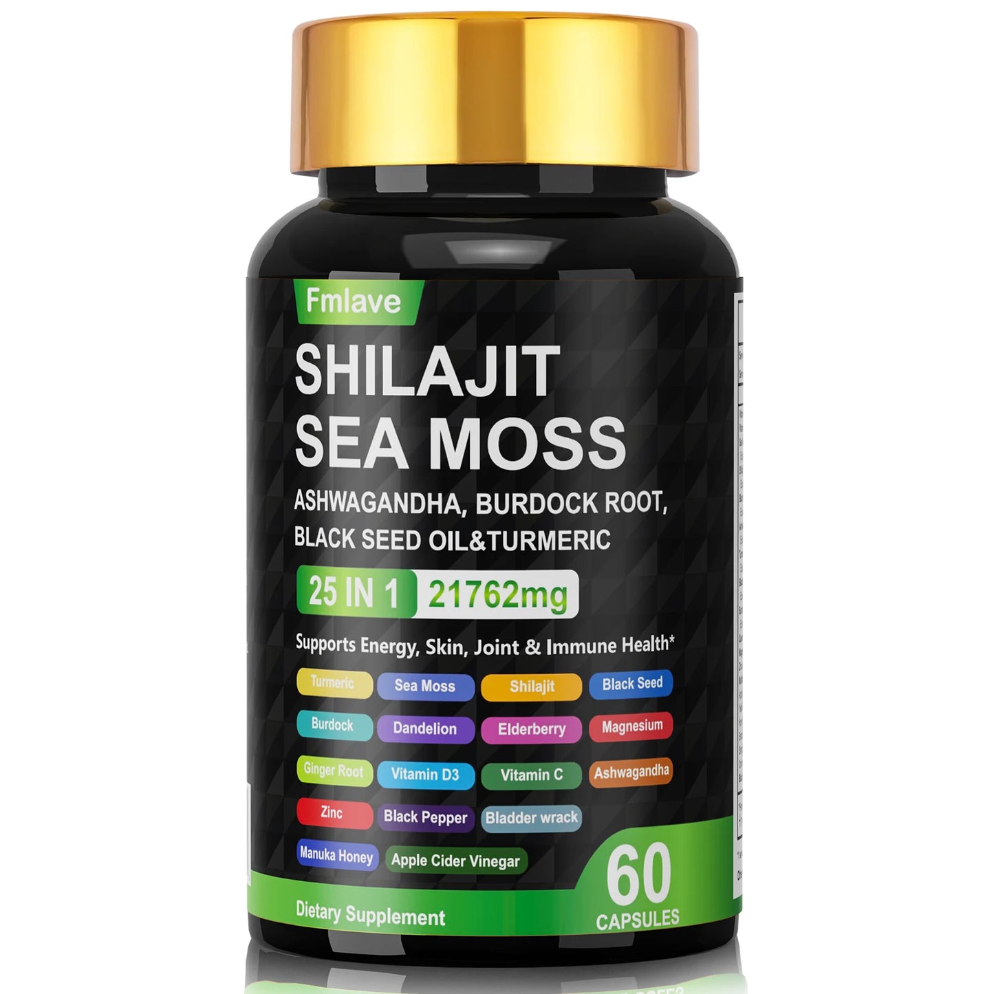 Sea Moss Shilajit Ashwagandha , Sea Moss Capsule Supplement with Turmeric Burdock Root Bladderwrack Vitamin C Vitamin D3 Enhanced Immunity & Energy Black Seed Oil Capsule