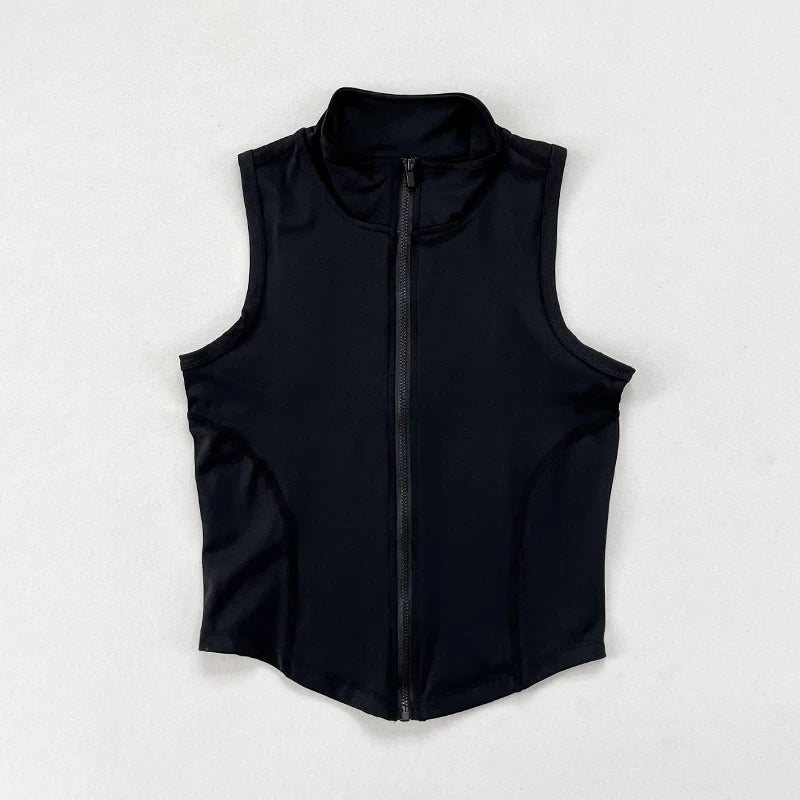 Women's Slim Fit Sport Sleeveless Top Quick Dry Elastic Stand Collar Yoga Fitness Clothing Summer Zipper