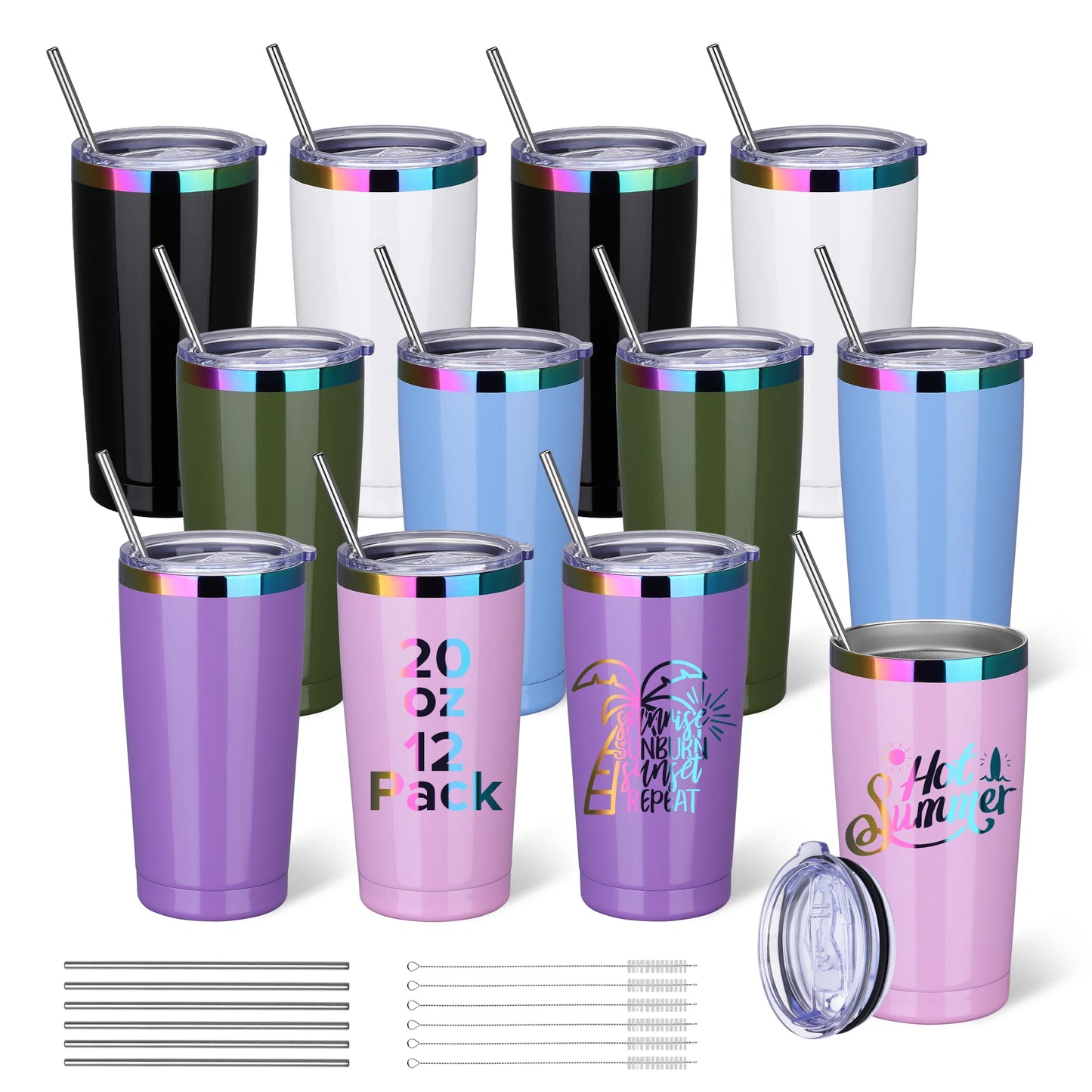 12 Pack 20 oz Stainless Steel Tumblers Bulk, Insulated Travel Cup with Lid, Fit Laser Engraving, Car Cupholder (Assorted Colors)