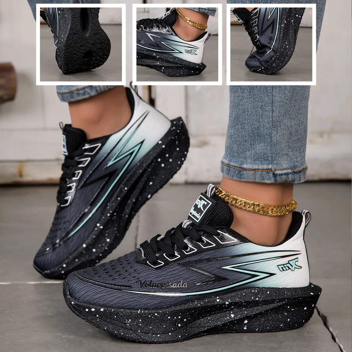 Women Gradient Lightning Print Running Sneakers Breathable Flying Weave Mesh Light Cushion Non Slip Shock Absorb Athletic Gym Jogging Sport Shoes