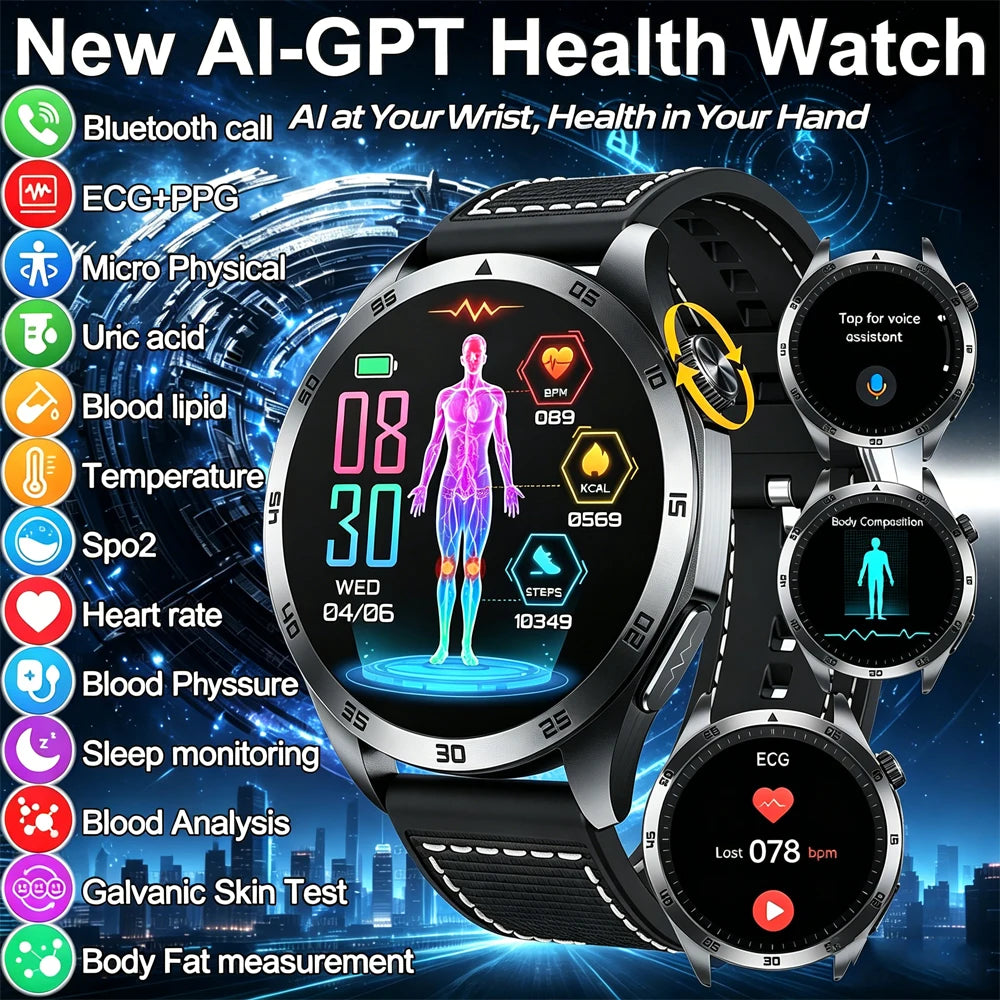 ECG+PPG Health Smart Watch Men Blood Oxygen Uric Acid Blood Pressure monitoring HD Bluetooth Call AI Watch For iOS Android