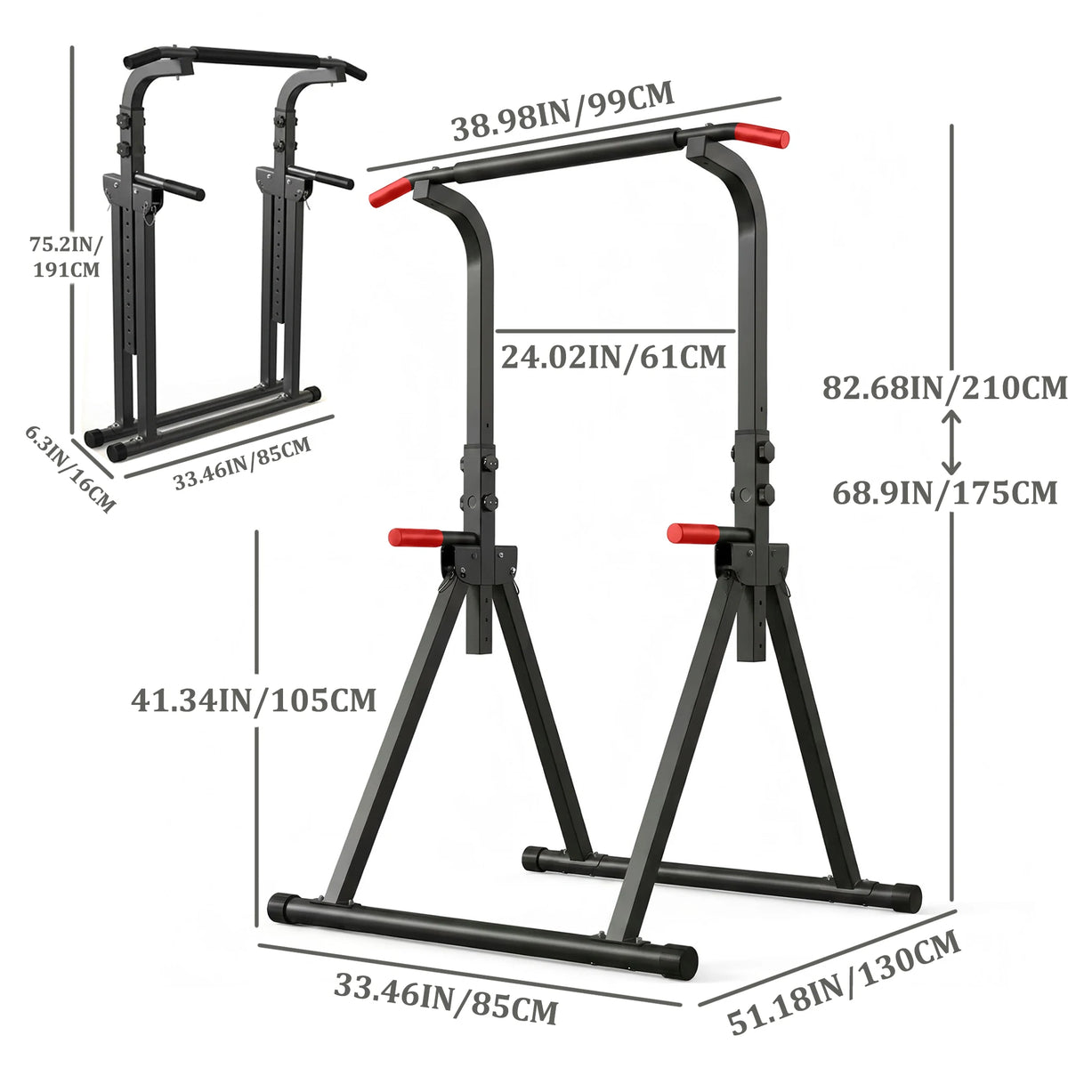 Foldable Power Tower Pull Up Bar, Multi-Function Dip Station with 6-Level Adjustable Height, 440lbs Max Capacity Home Gym Strength Training Equipment