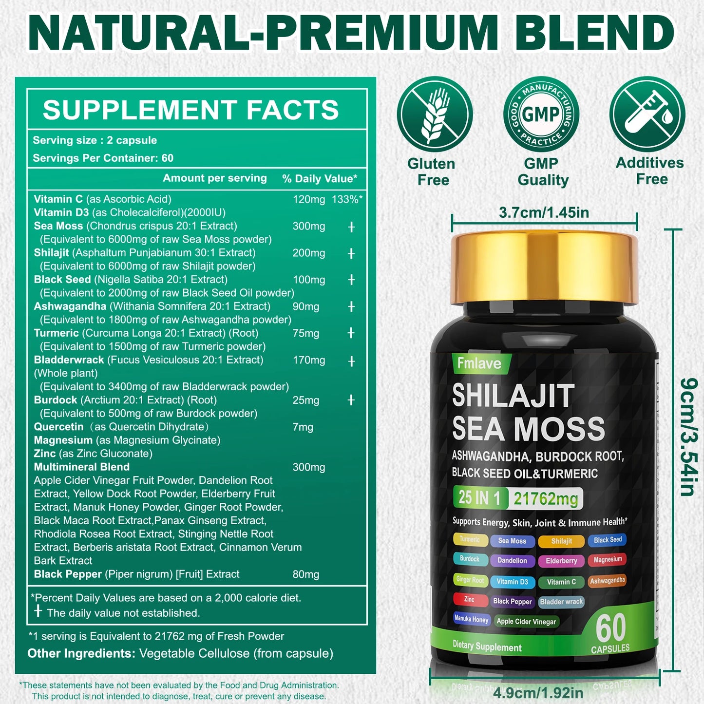 Sea Moss Shilajit Ashwagandha , Sea Moss Capsule Supplement with Turmeric Burdock Root Bladderwrack Vitamin C Vitamin D3 Enhanced Immunity & Energy Black Seed Oil Capsule