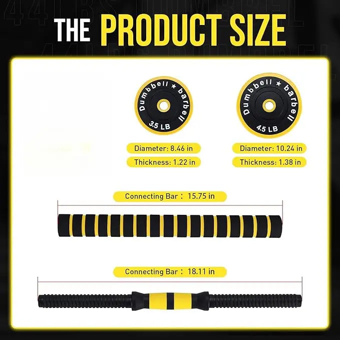 Adjustable Weights Set for Home Gym, 33 Lb 2-In-1 Adjustable Dumbbell Set with Foam Handles, Yellow