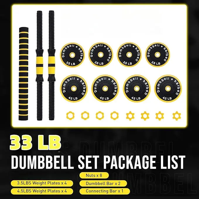 Adjustable Weights Set for Home Gym, 33 Lb 2-In-1 Adjustable Dumbbell Set with Foam Handles, Yellow