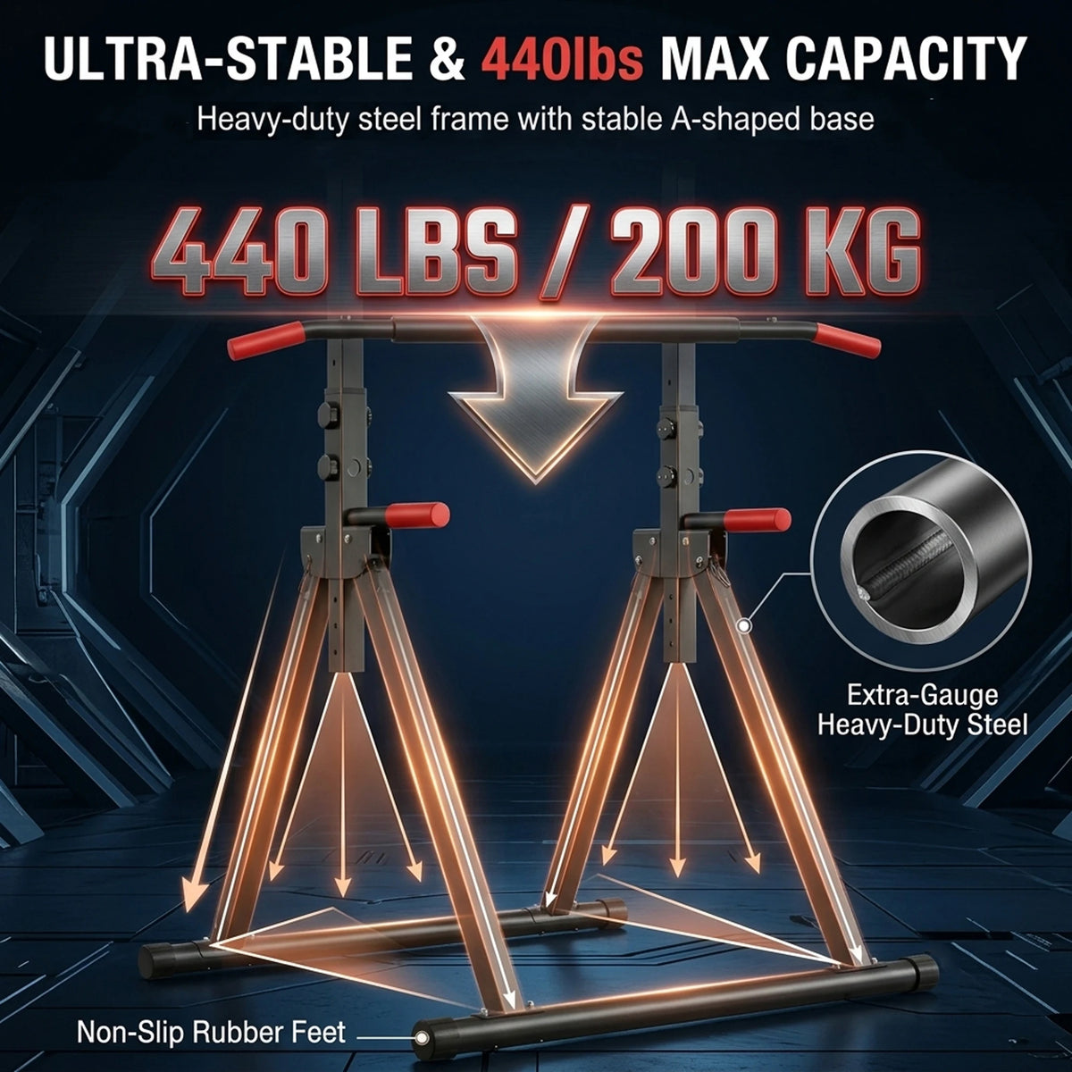 Foldable Power Tower Pull Up Bar, Multi-Function Dip Station with 6-Level Adjustable Height, 440lbs Max Capacity Home Gym Strength Training Equipment