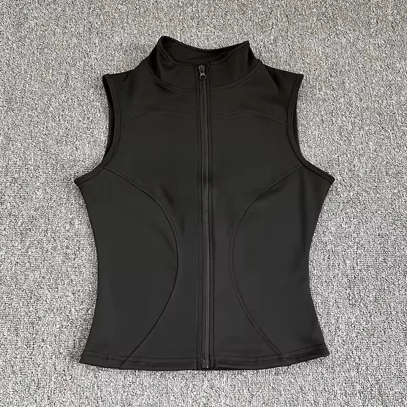 Women's Slim Fit Sport Sleeveless Top Quick Dry Elastic Stand Collar Yoga Fitness Clothing Summer Zipper