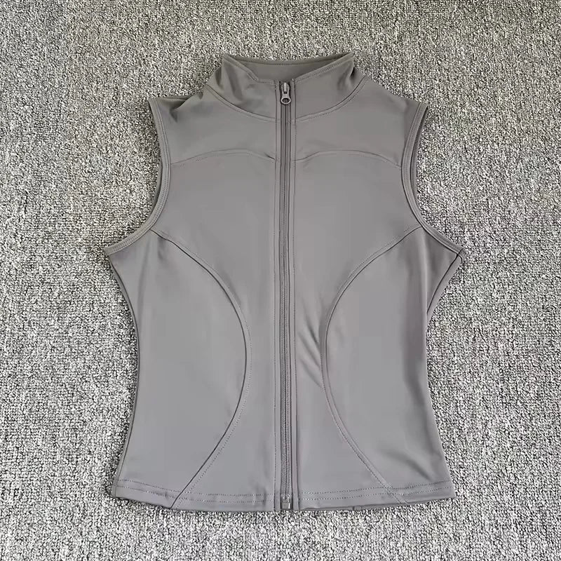 Women's Slim Fit Sport Sleeveless Top Quick Dry Elastic Stand Collar Yoga Fitness Clothing Summer Zipper
