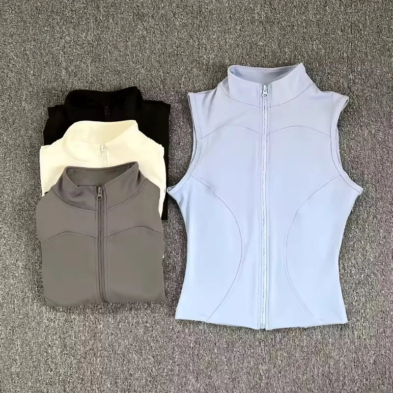 Women's Slim Fit Sport Sleeveless Top Quick Dry Elastic Stand Collar Yoga Fitness Clothing Summer Zipper