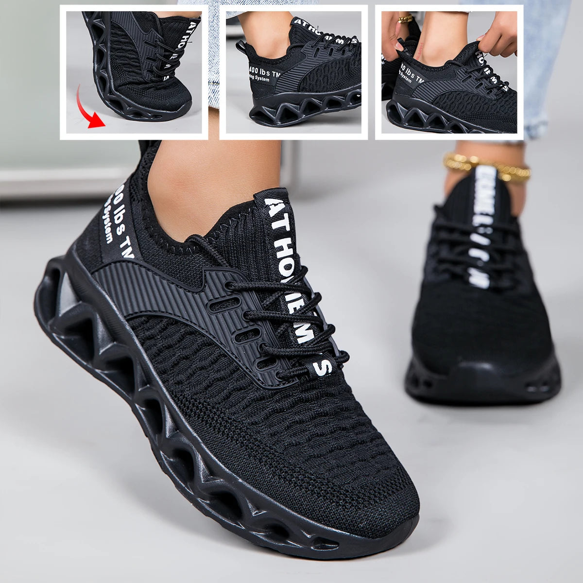 Women Blade Sole Running Sneakers Letter Print Knit Breathable Lightweight Non Slip Fashion Walking Gym Athletic Sport Shoes