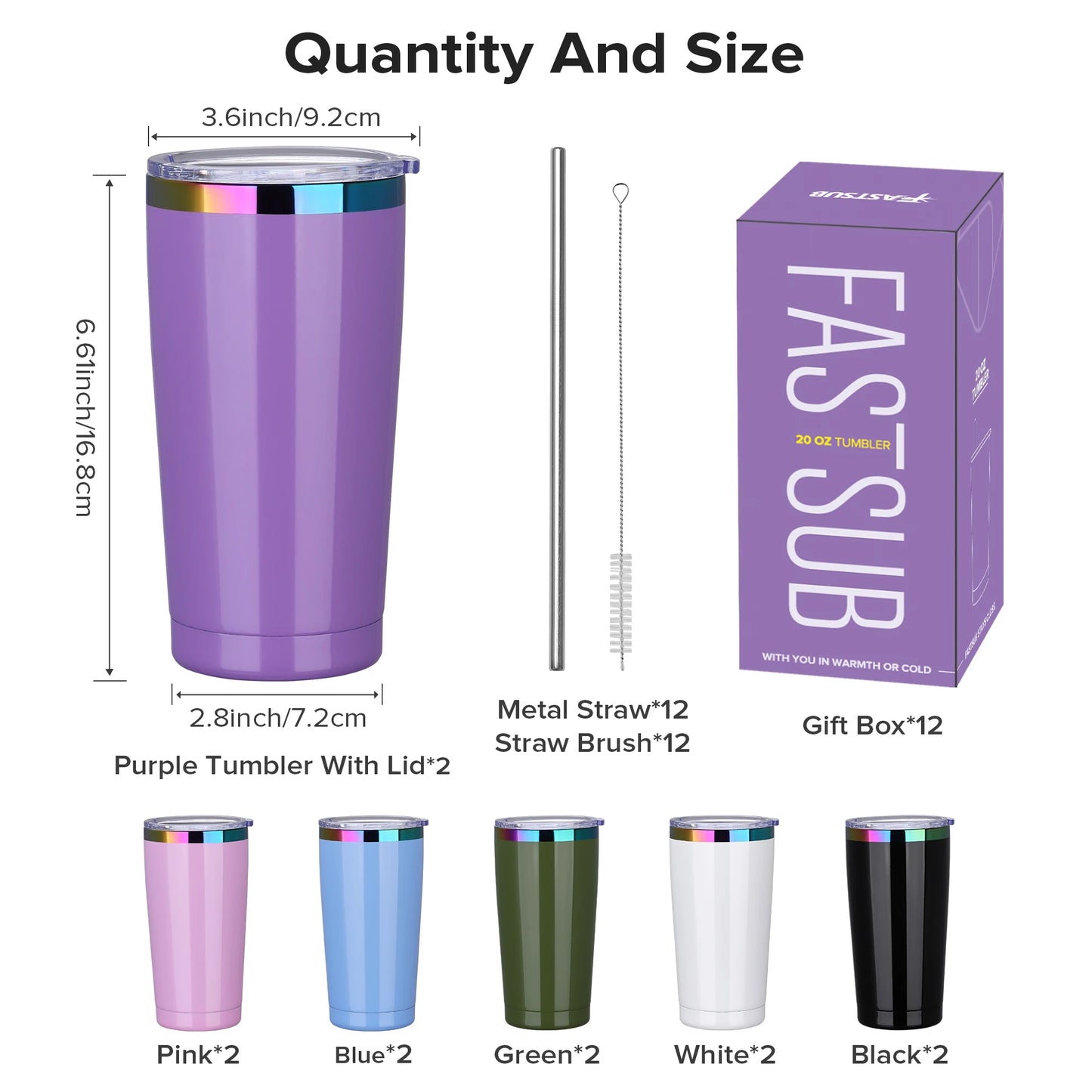 12 Pack 20 oz Stainless Steel Tumblers Bulk, Insulated Travel Cup with Lid, Fit Laser Engraving, Car Cupholder (Assorted Colors)